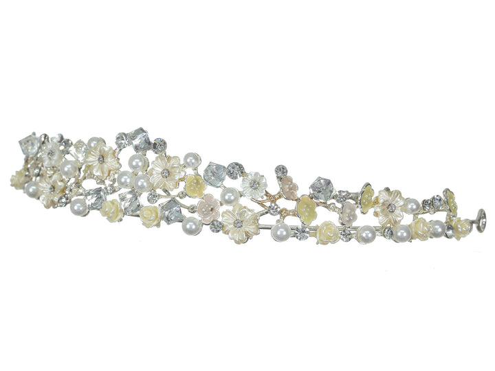 Floral Crystal Pearl Rhinestone Silver Bridal Wedding Tiara CR214