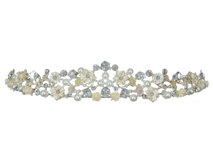 Floral Crystal Pearl Rhinestone Silver Bridal Wedding Tiara CR214