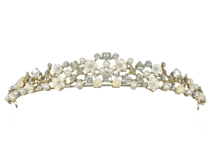Floral Crystal Pearl Rhinestone Gold Bridal Wedding Tiara CR215