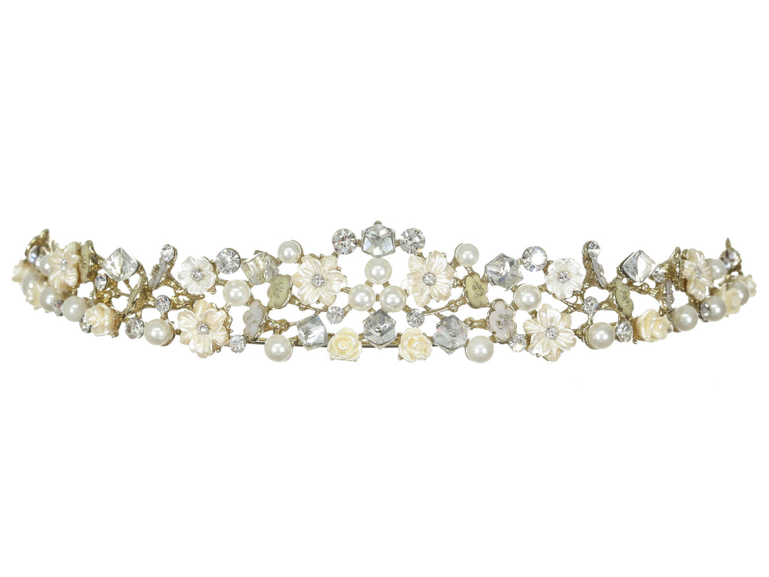 Floral Crystal Pearl Rhinestone Gold Bridal Wedding Tiara CR215
