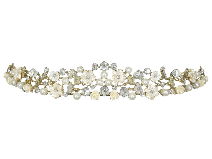 Floral Crystal Pearl Rhinestone Gold Bridal Wedding Tiara CR215