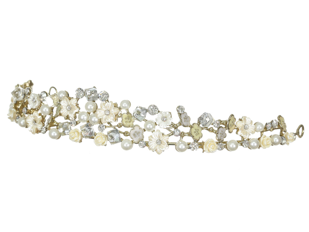 Floral Crystal Pearl Rhinestone Gold Bridal Wedding Tiara CR215