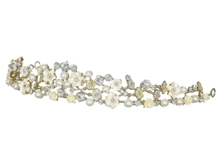 Floral Crystal Pearl Rhinestone Gold Bridal Wedding Tiara CR215