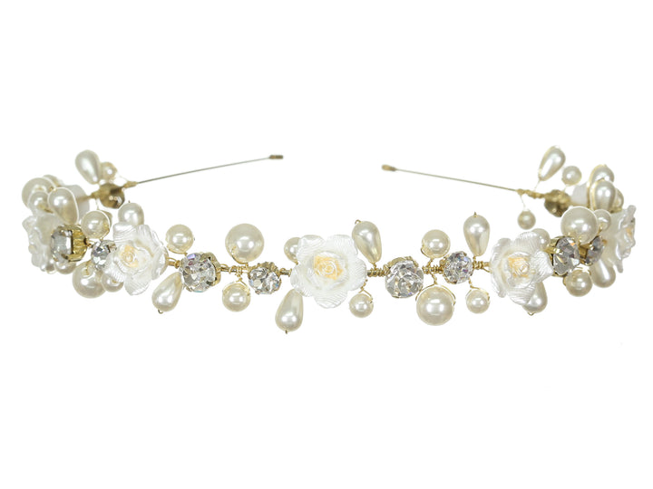 Handmade Floral Pearl Rhinestone Gold Bridal Wedding Tiara Headband CR219
