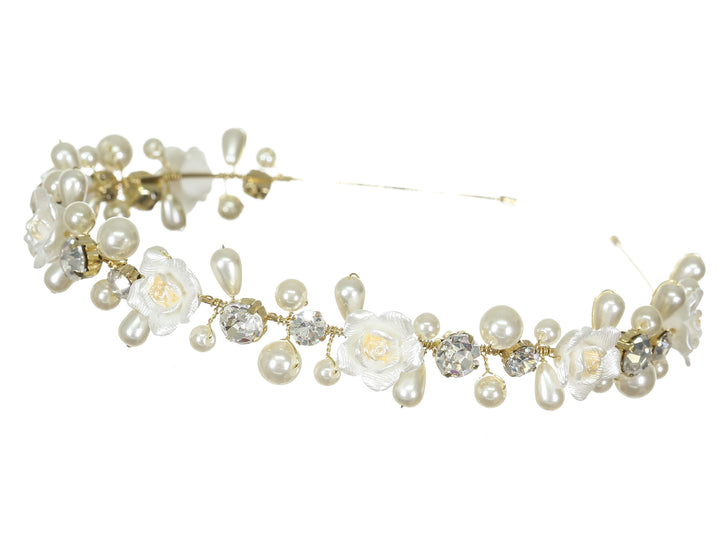 Handmade Floral Pearl Rhinestone Gold Bridal Wedding Tiara Headband CR219