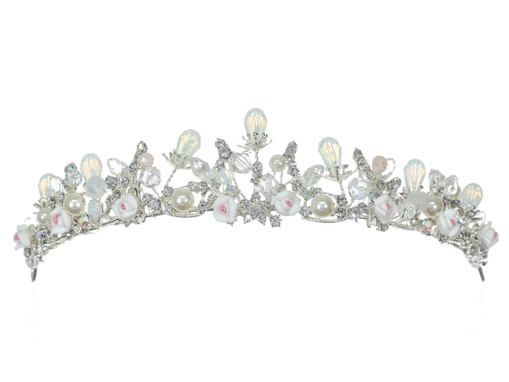 Floral Crystal Pearl Rhinestone Silver Bridal Wedding Tiara CR246