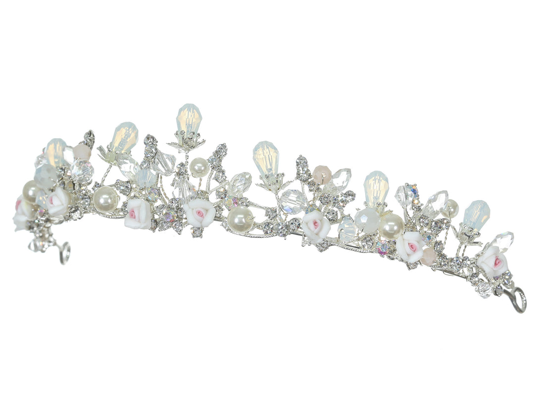 Floral Crystal Pearl Rhinestone Silver Bridal Wedding Tiara CR246