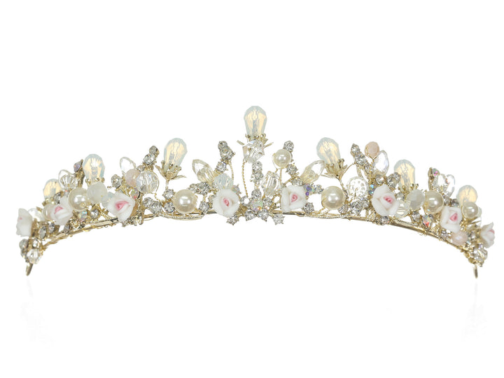 Floral Crystal Pearl Rhinestone Gold Bridal Wedding Tiara CR247