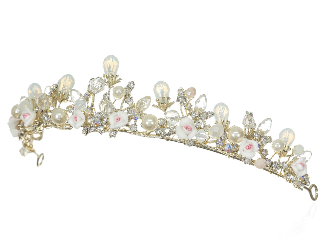 Floral Crystal Pearl Rhinestone Gold Bridal Wedding Tiara CR247