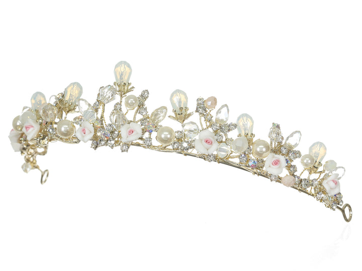 Floral Crystal Pearl Rhinestone Gold Bridal Wedding Tiara CR247