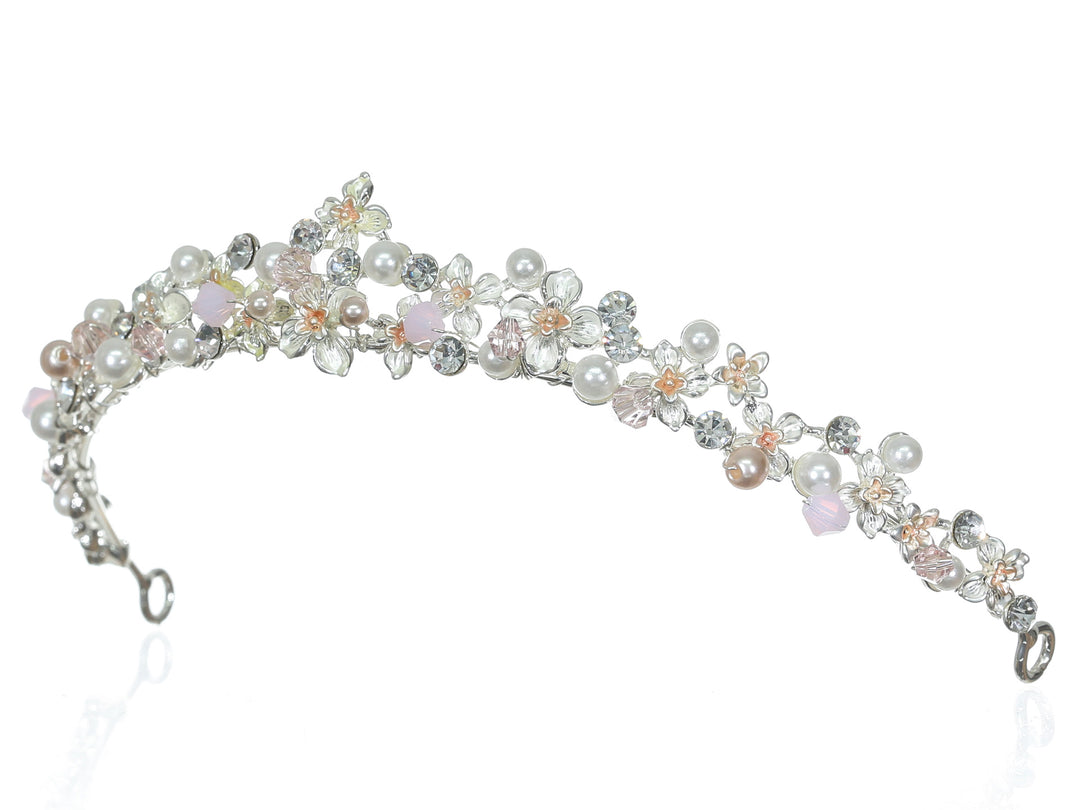 Floral Crystal Pearl Rhinestone Silver Bridal Wedding Tiara CR258