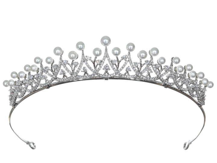 Cubic Zirconium CZ Crystal Pearl Bridal Wedding Tiara CR265
