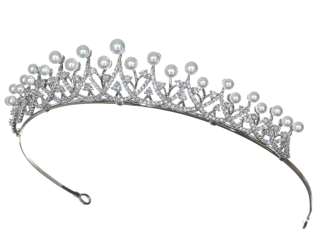 Cubic Zirconium CZ Crystal Pearl Bridal Wedding Tiara CR265