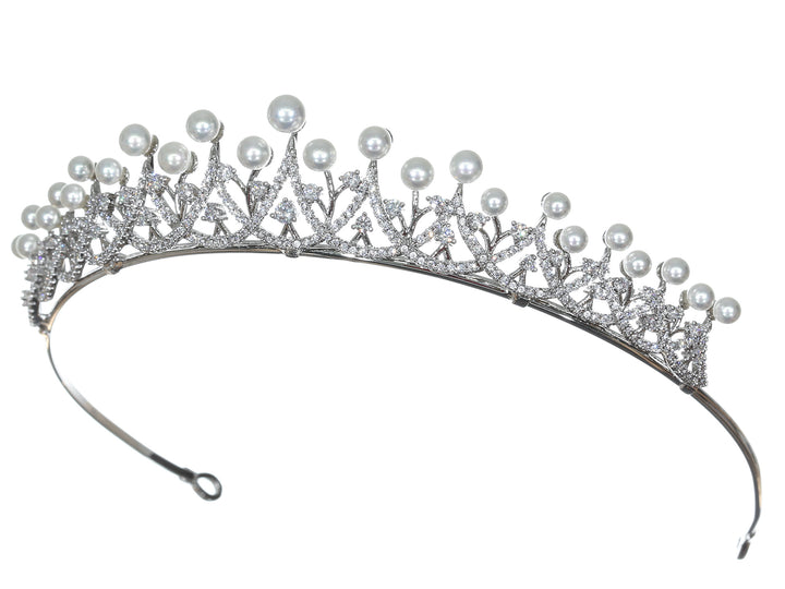 Cubic Zirconium CZ Crystal Pearl Bridal Wedding Tiara CR265