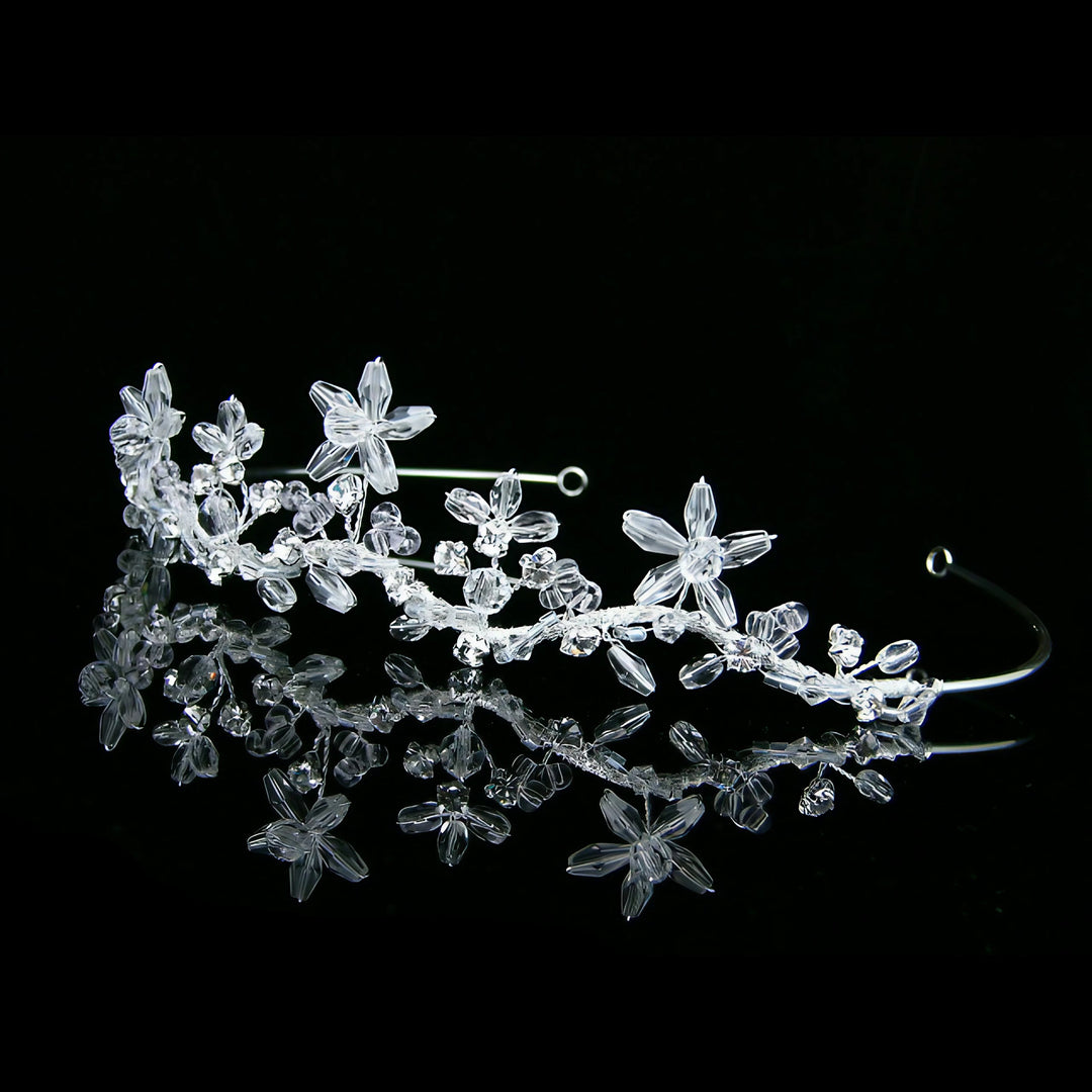 CRH018 Handmade Wavy Crystal Flower Bridal Tiara Crown