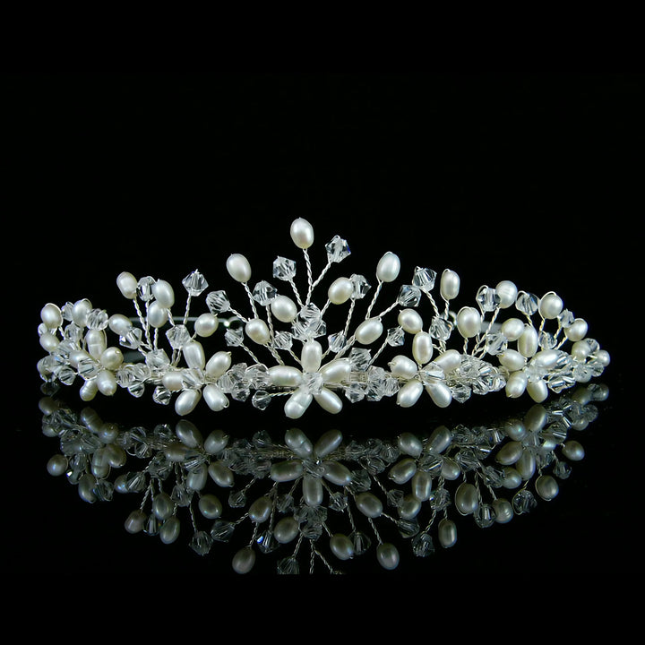 CRH024 Handmade Crystal Freshwater Pearl Flower Bridal Tiara