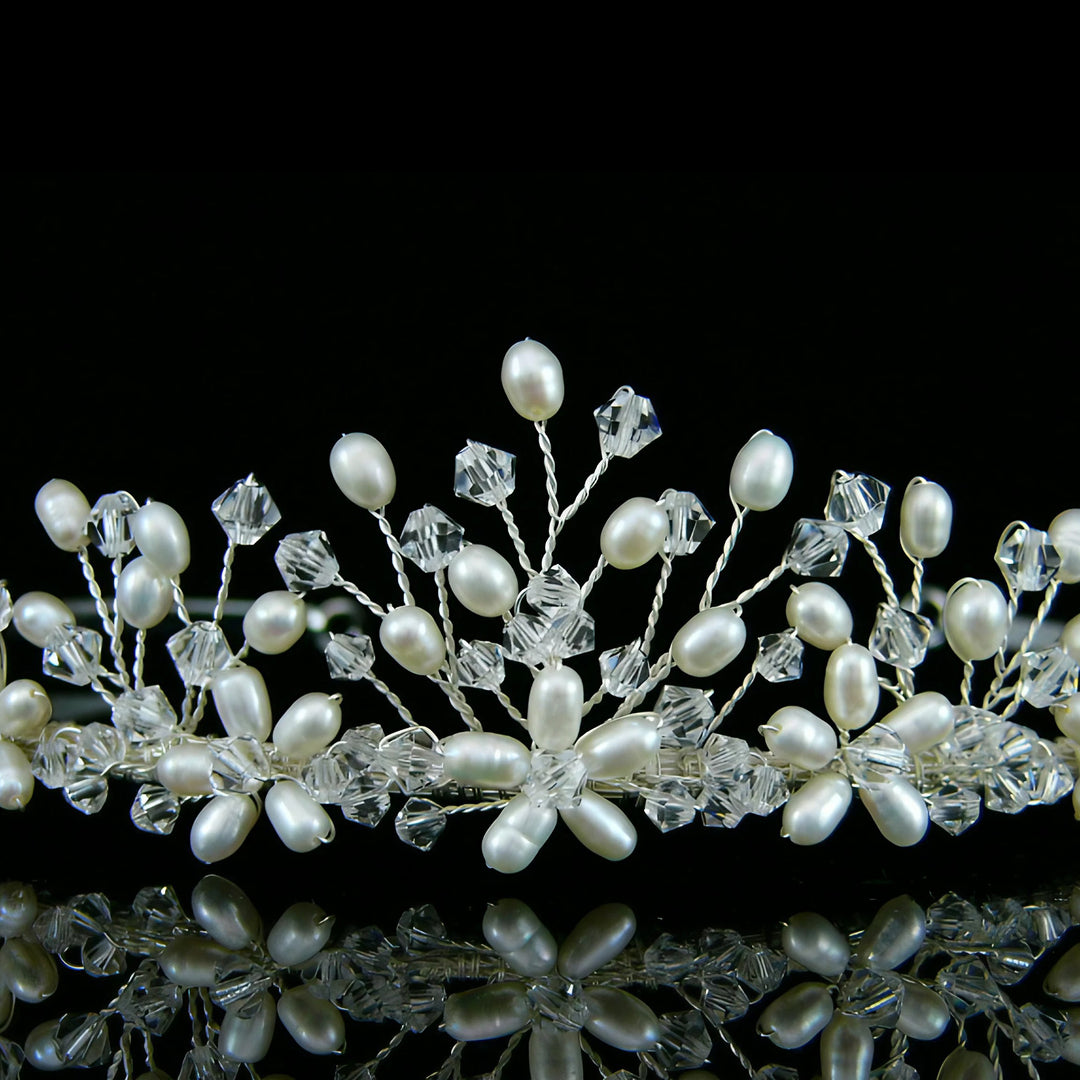 CRH024 Handmade Crystal Freshwater Pearl Flower Bridal Tiara