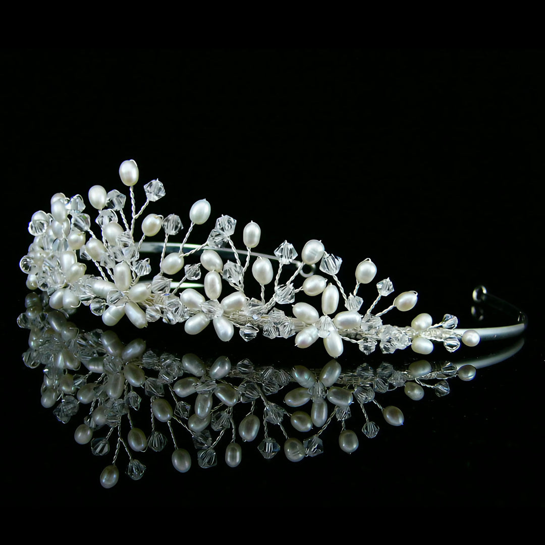 CRH024 Handmade Crystal Freshwater Pearl Flower Bridal Tiara