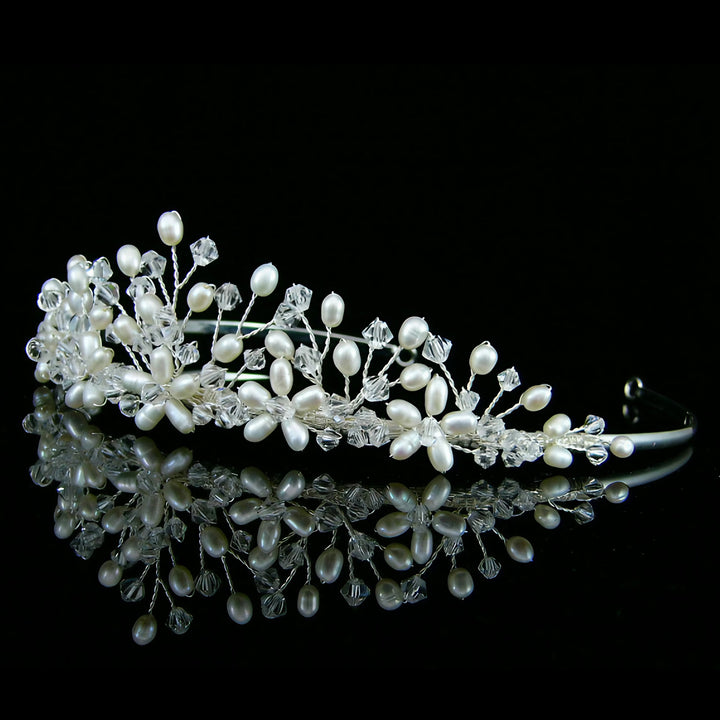 CRH024 Handmade Crystal Freshwater Pearl Flower Bridal Tiara