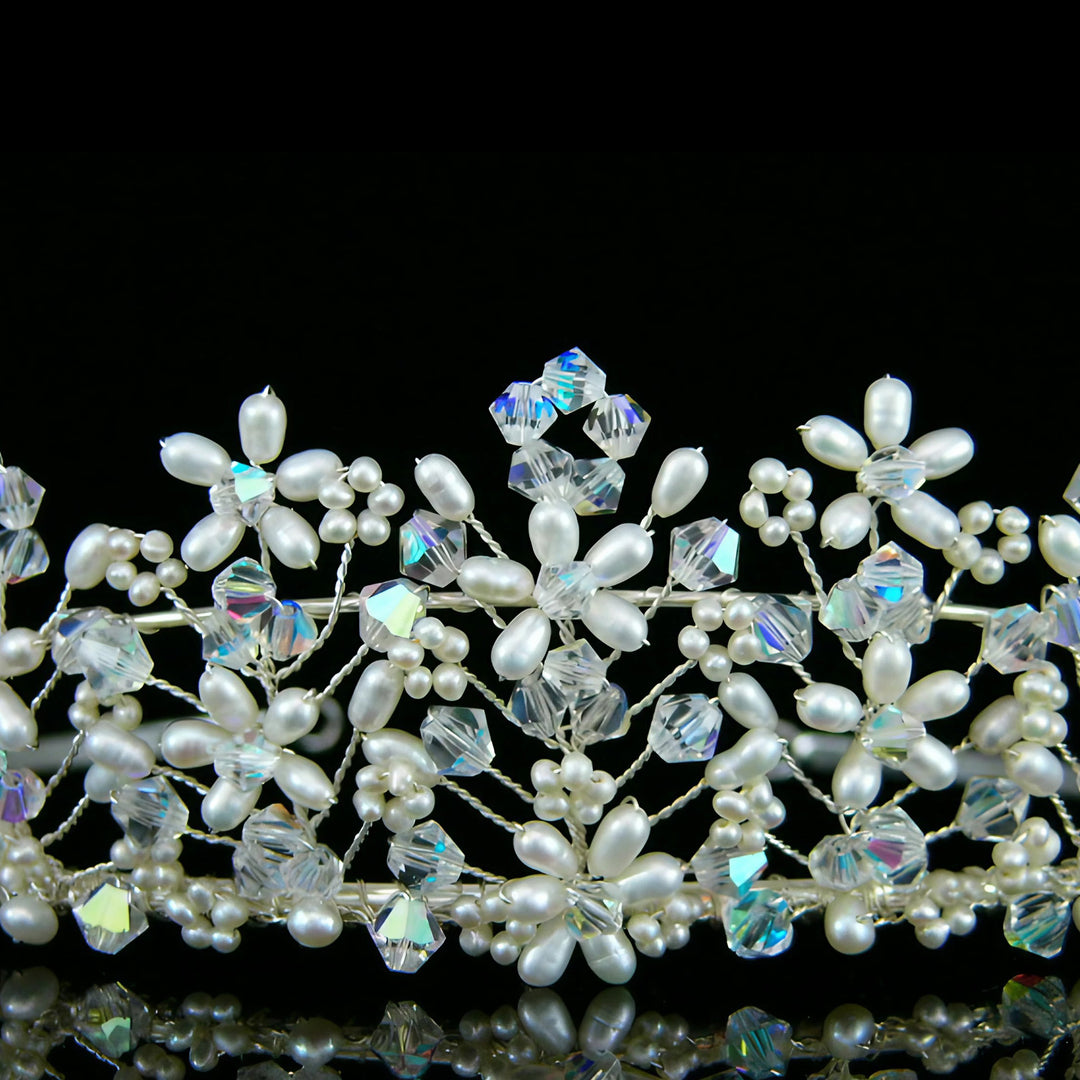 CRH026 Handmade Crystal Freshwater Pearl Flower Bridal Tiara