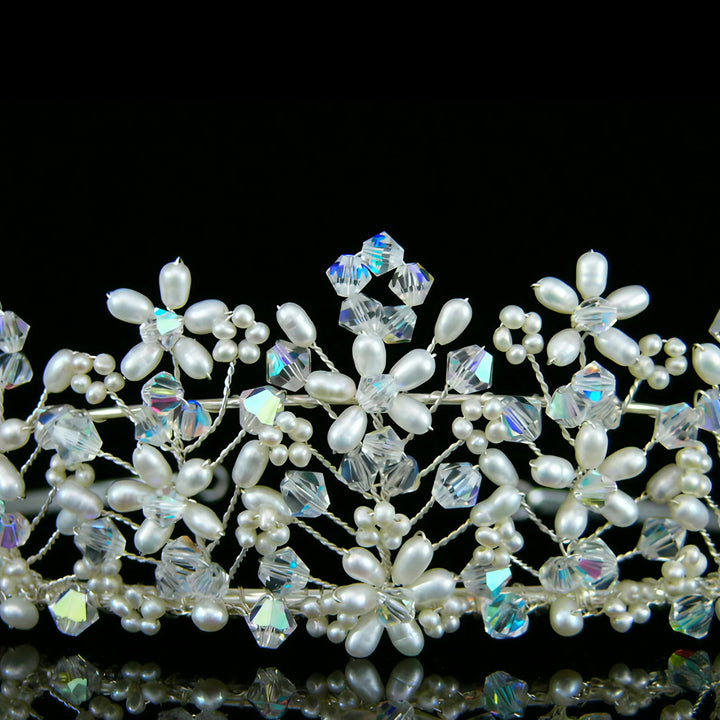 CRH026 Handmade Crystal Freshwater Pearl Flower Bridal Tiara