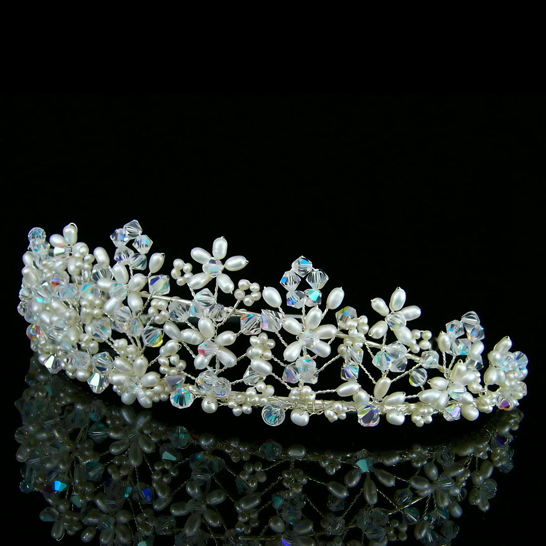 CRH026 Handmade Crystal Freshwater Pearl Flower Bridal Tiara