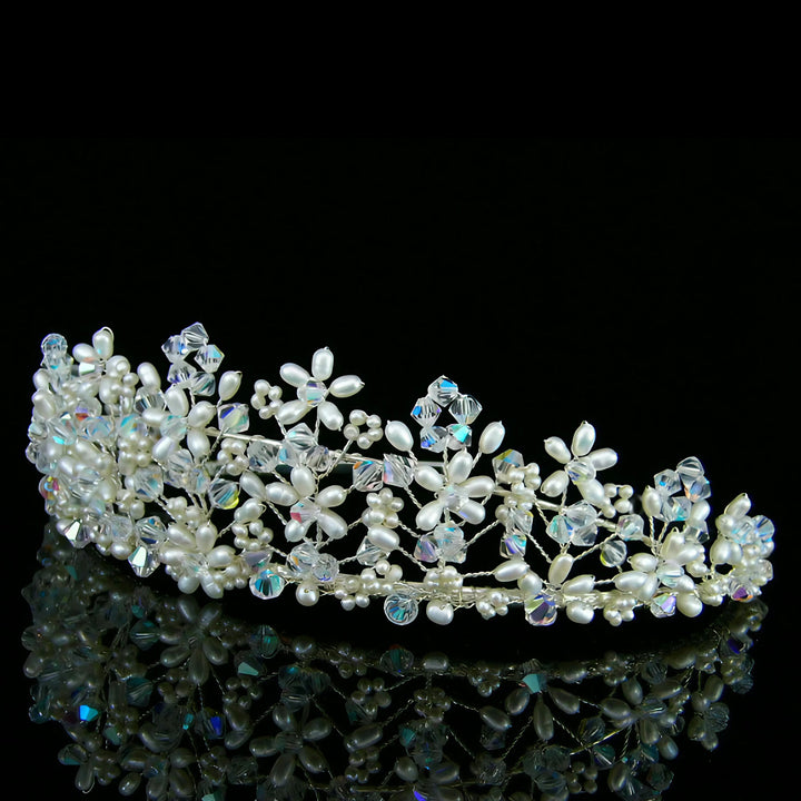 CRH026 Handmade Crystal Freshwater Pearl Flower Bridal Tiara
