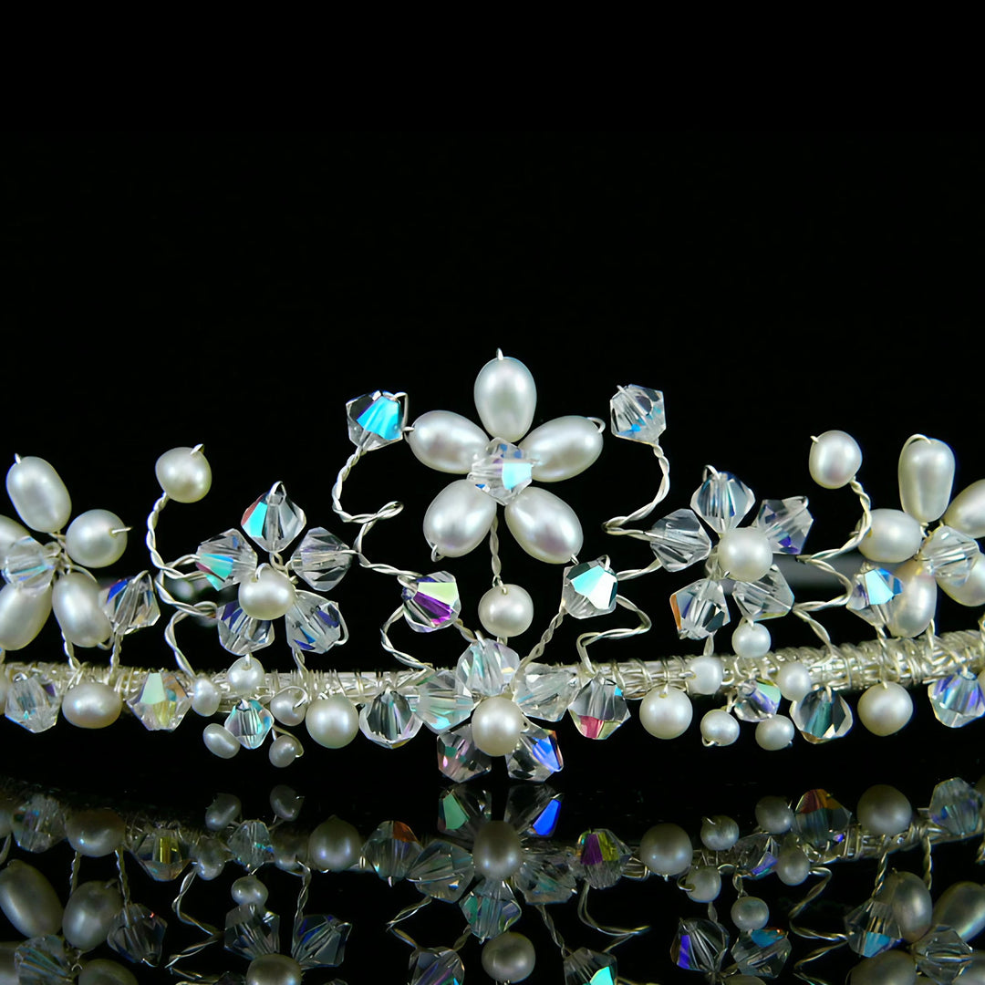 CRH031 Handmade Crystal Freshwater Pearl Flower Bridal Tiara