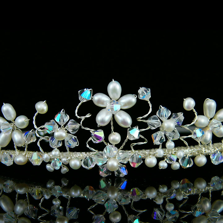 CRH031 Handmade Crystal Freshwater Pearl Flower Bridal Tiara