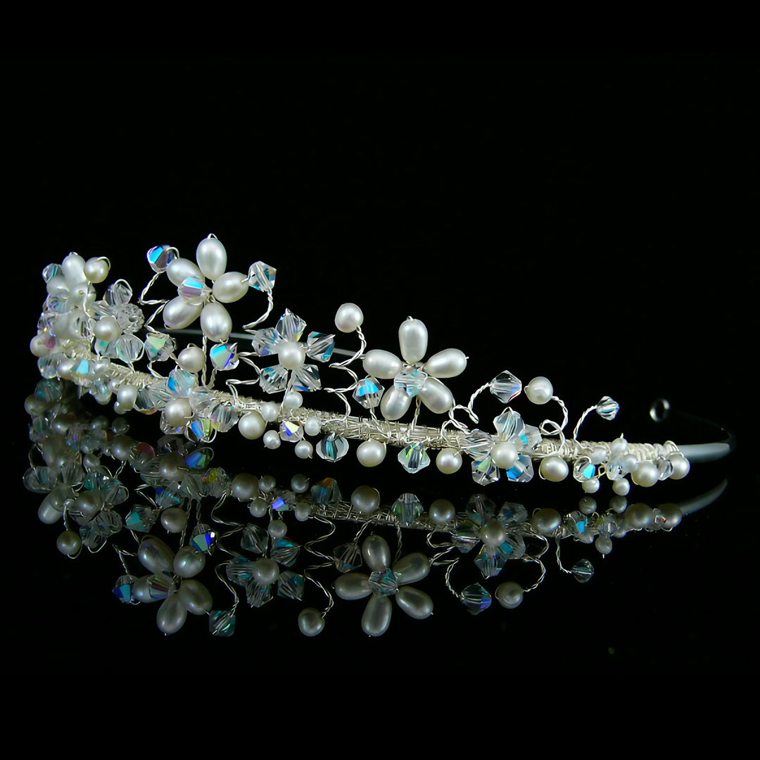 CRH031 Handmade Crystal Freshwater Pearl Flower Bridal Tiara