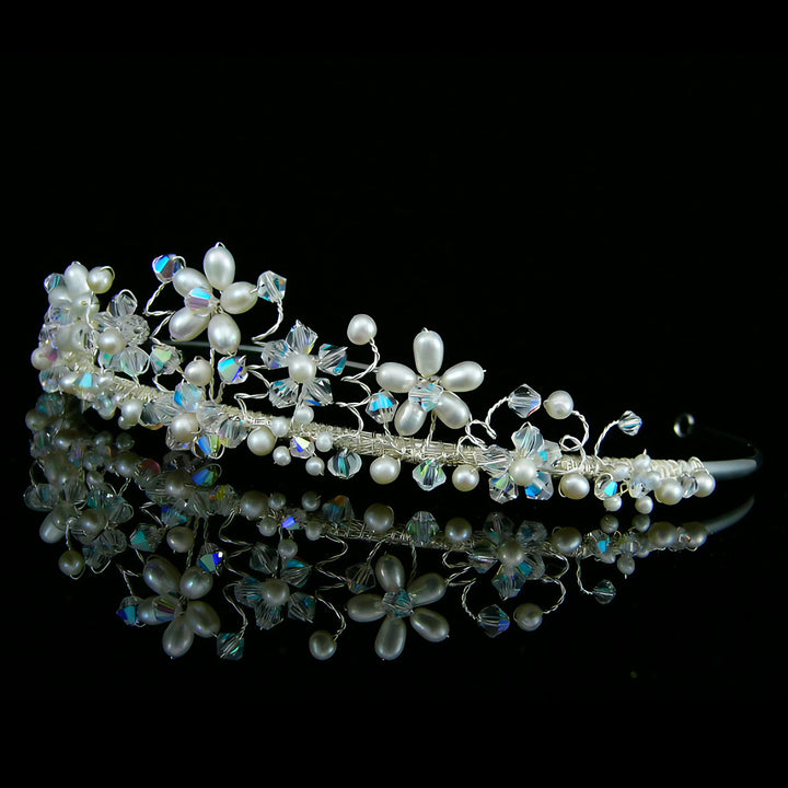 CRH031 Handmade Crystal Freshwater Pearl Flower Bridal Tiara