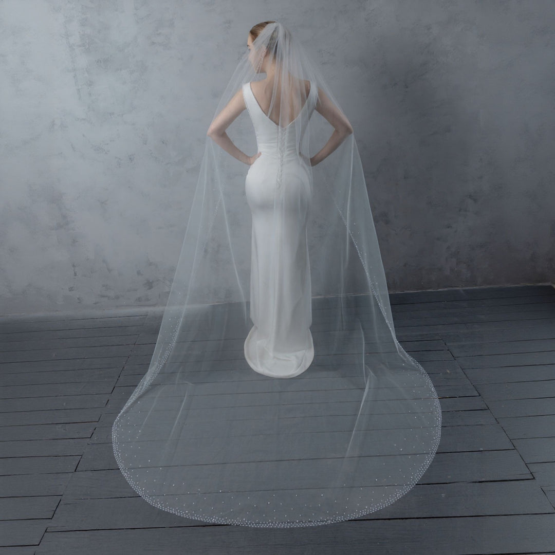 Bridal Veil with Pearls with Wide Edge, Fine Illusion Tulle, Cathedral Length FS6253