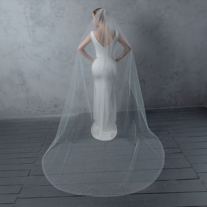 Bridal Veil with Pearls with Wide Edge, Fine Illusion Tulle, Cathedral Length FS6253
