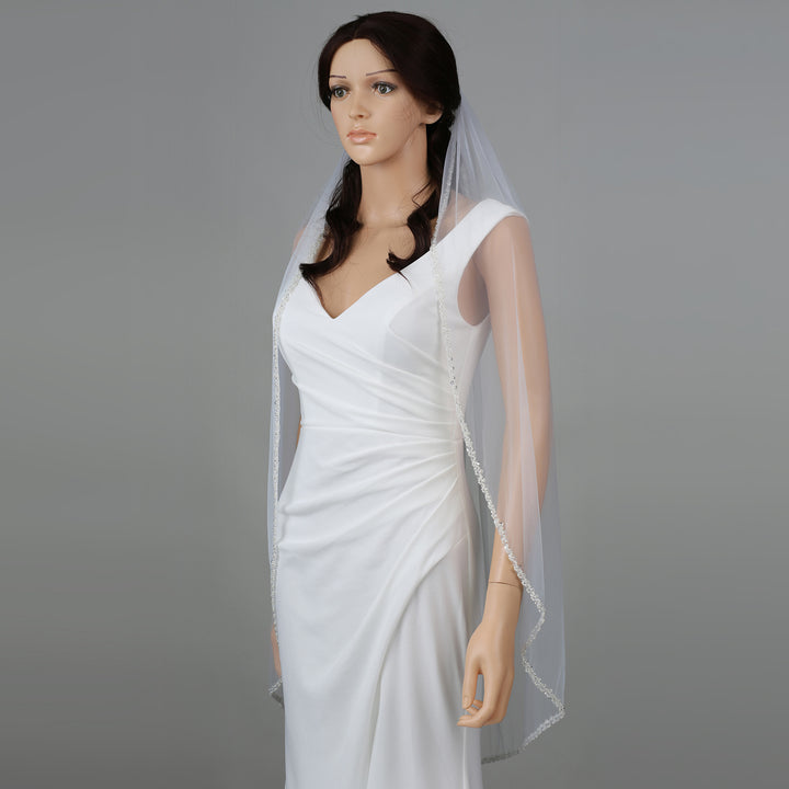 Pearl Bridal Veil with Crystal Beading, Soft Tulle, Fingertip Length FS6350