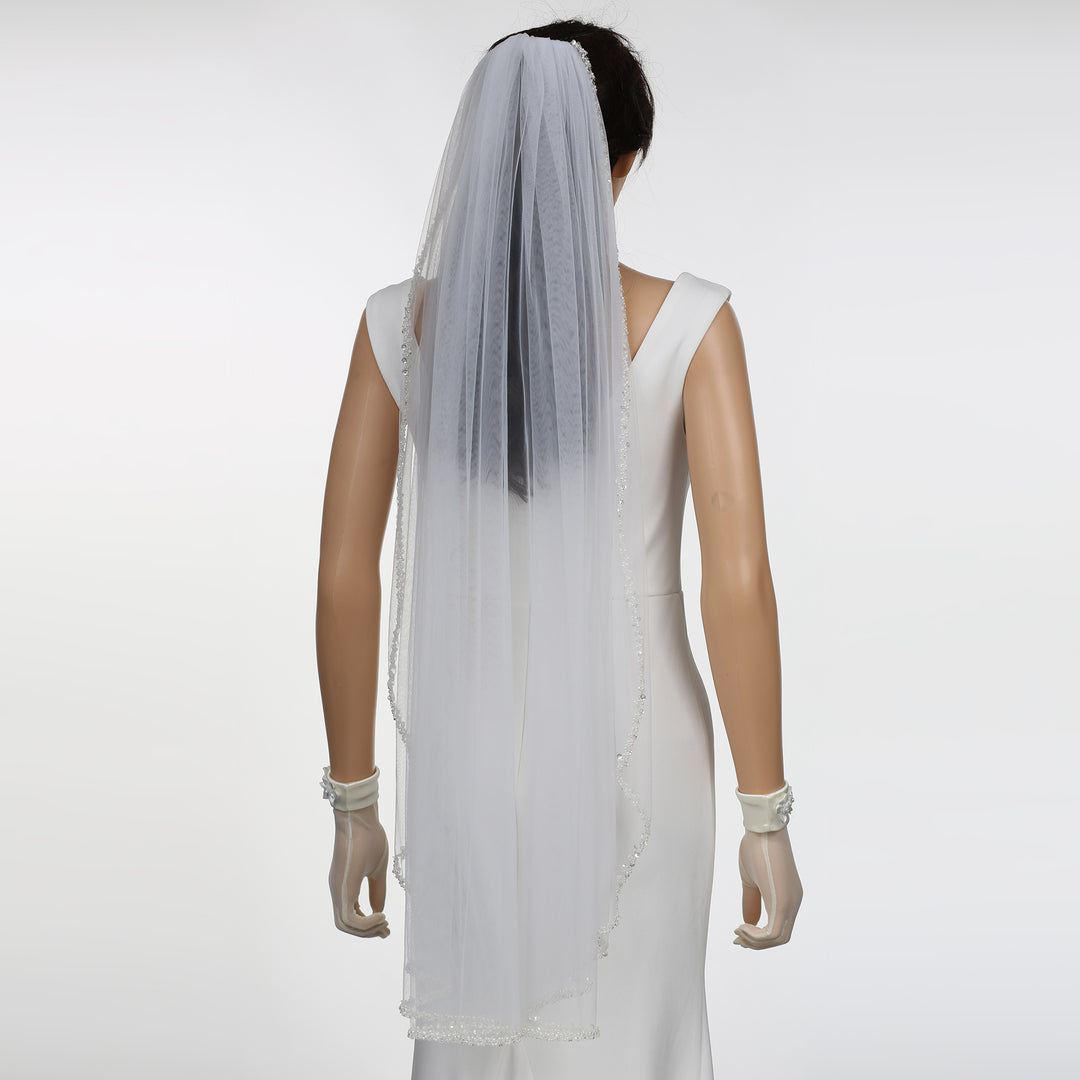 Pearl Bridal Veil with Crystal Beading, Soft Tulle, Fingertip Length FS6350