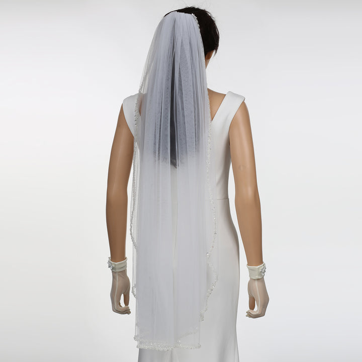 Pearl Bridal Veil with Crystal Beading, Soft Tulle, Fingertip Length FS6350