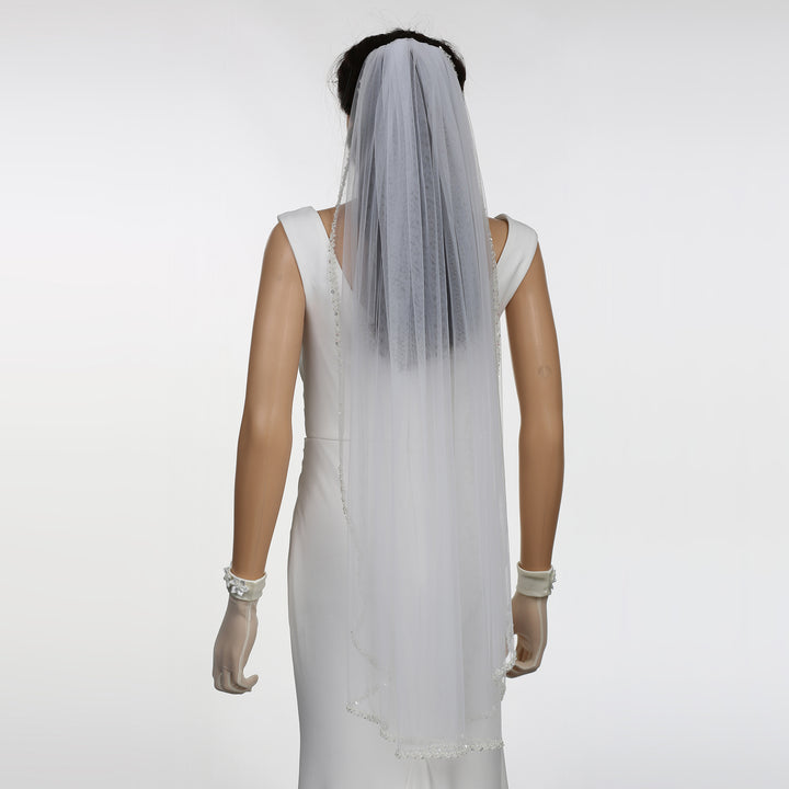 Pearl Bridal Veil with Crystal Beading, Soft Tulle, Fingertip Length FS6350