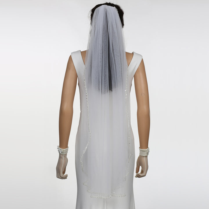 Pearl Bridal Veil with Crystal Beading, Soft Tulle, Fingertip Length FS6350