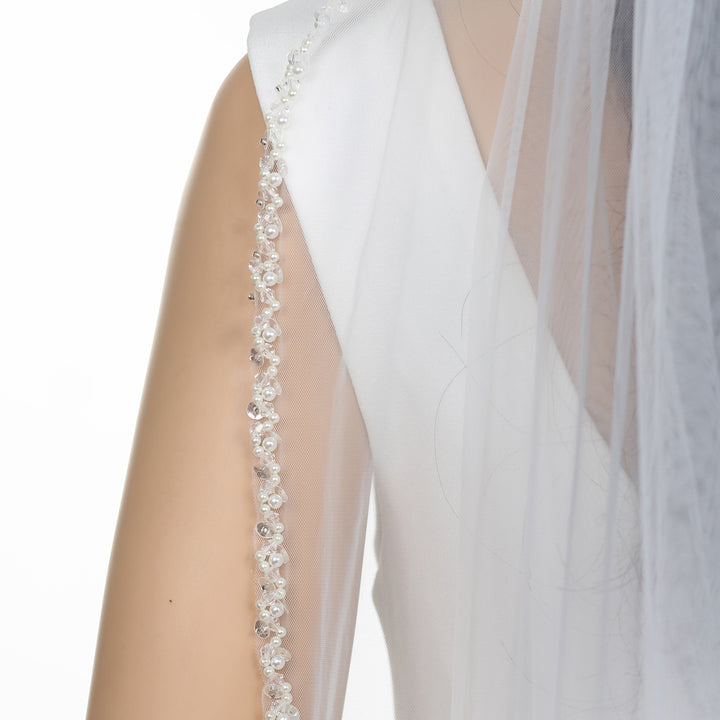 Pearl Bridal Veil with Crystal Beading, Soft Tulle, Fingertip Length FS6350