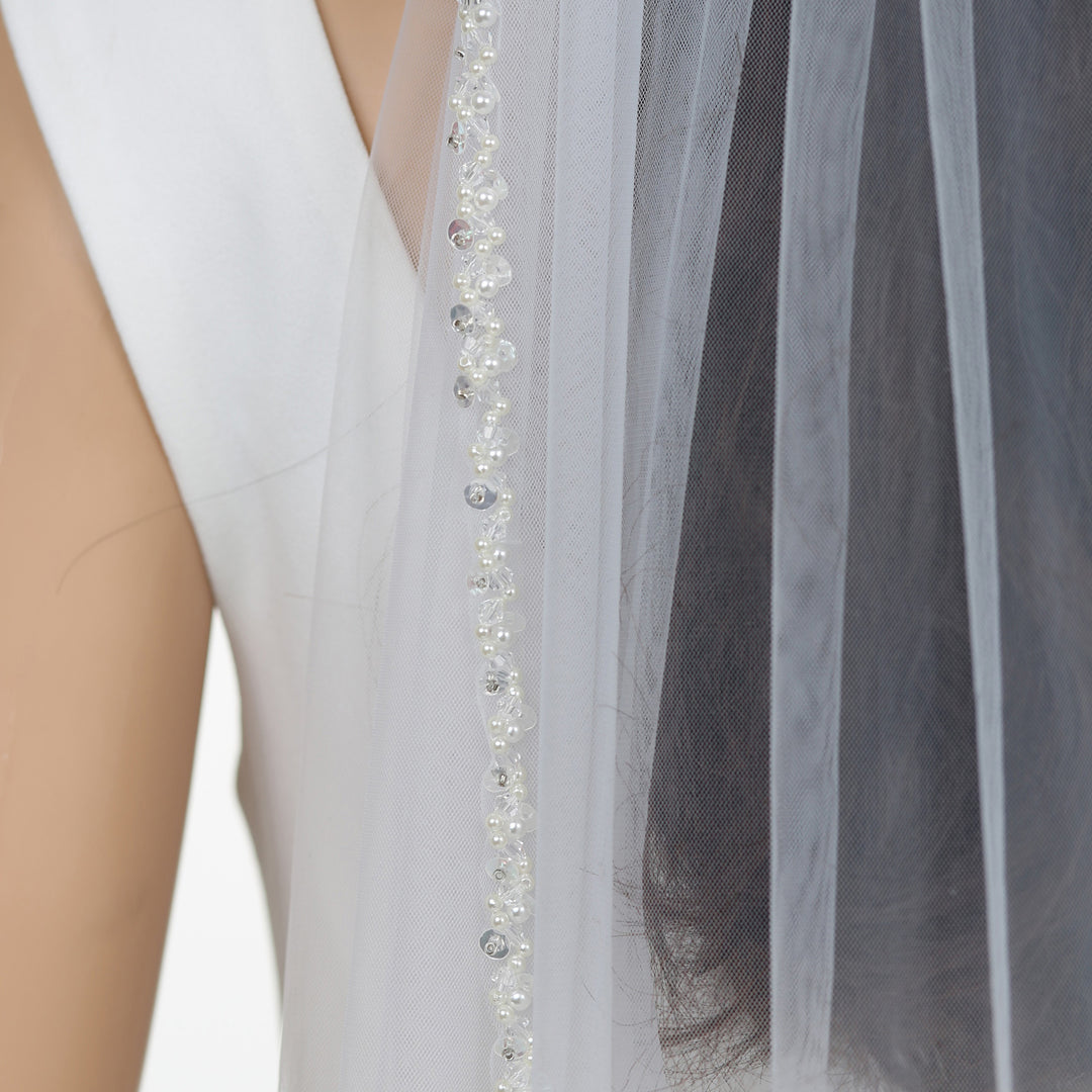 Pearl Bridal Veil with Crystal Beading, Soft Tulle, Fingertip Length FS6350