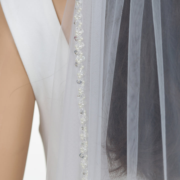 Pearl Bridal Veil with Crystal Beading, Soft Tulle, Fingertip Length FS6350