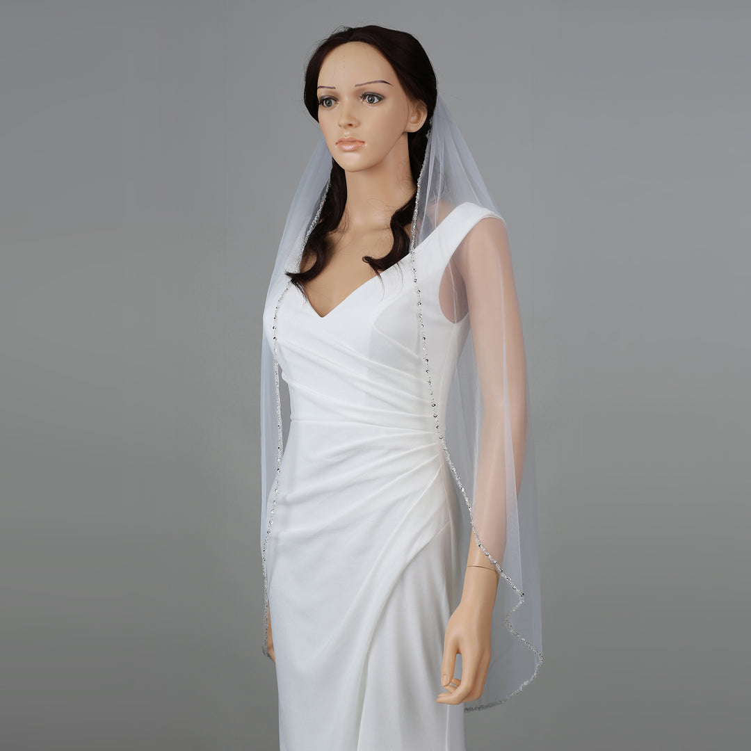 Crystal Beaded Edge Bridal Veil with Bicone Crystals, Soft Tulle, Fingertip Length FS6353