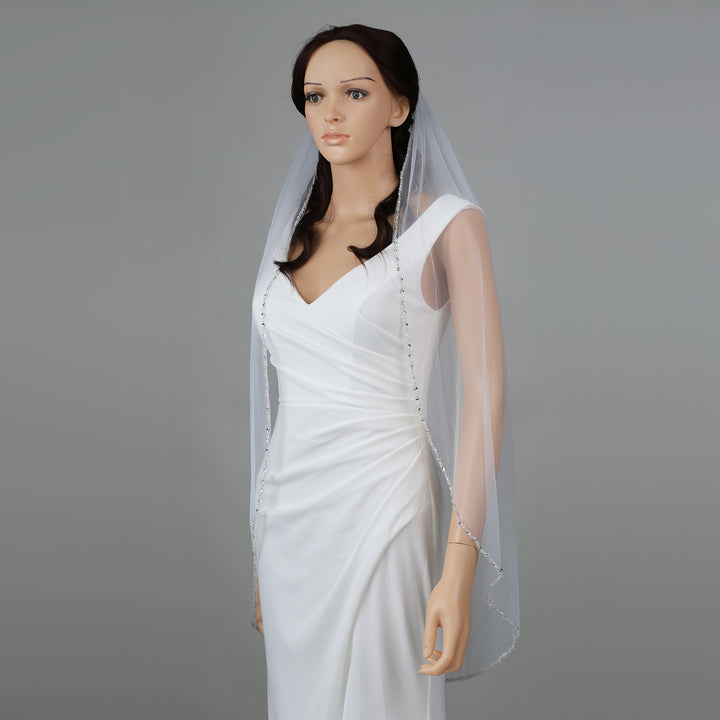 Crystal Beaded Edge Bridal Veil with Bicone Crystals, Soft Tulle, Fingertip Length FS6353