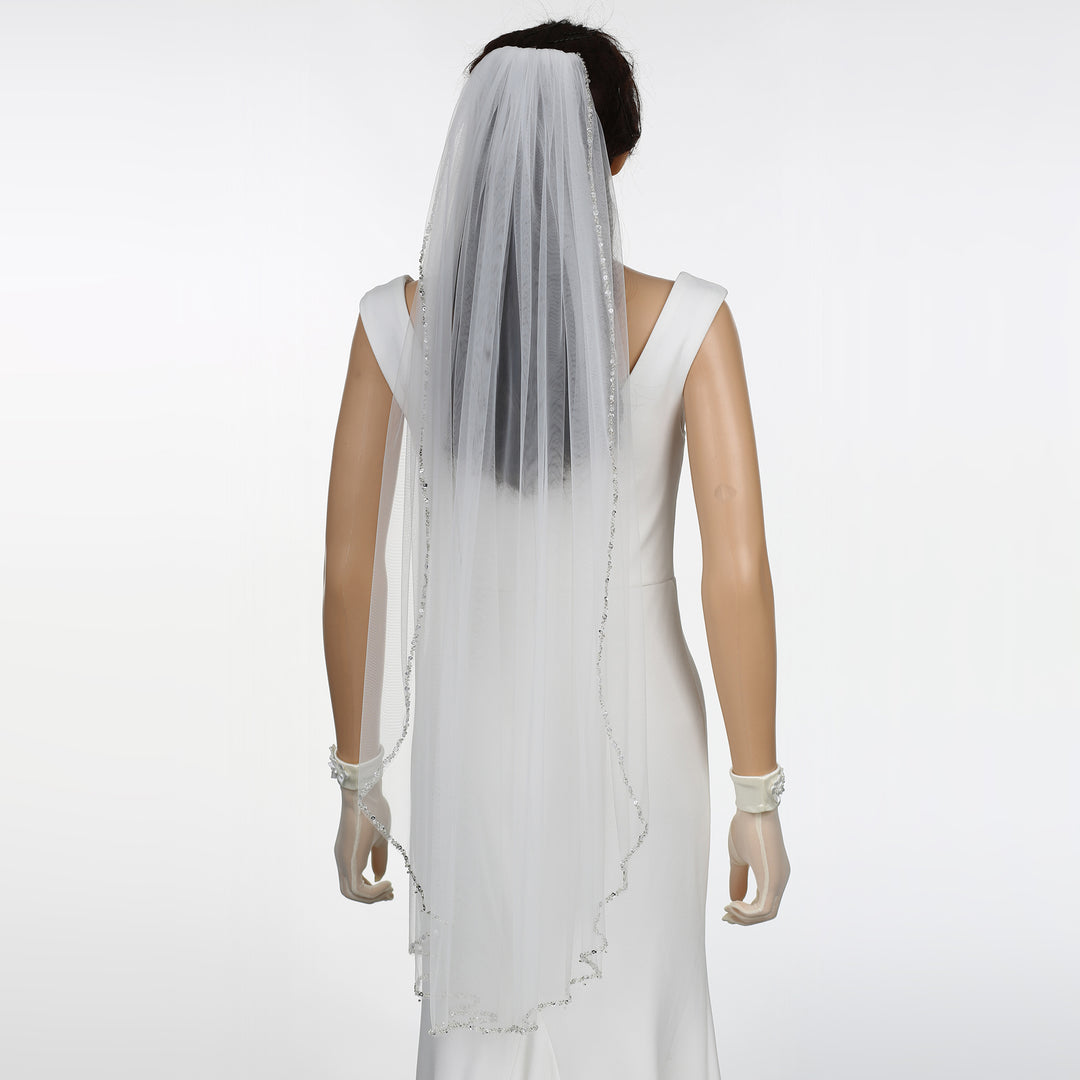 Crystal Beaded Edge Bridal Veil with Bicone Crystals, Soft Tulle, Fingertip Length FS6353