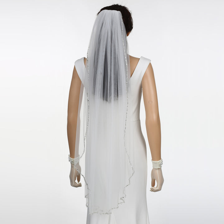 Crystal Beaded Edge Bridal Veil with Bicone Crystals, Soft Tulle, Fingertip Length FS6353
