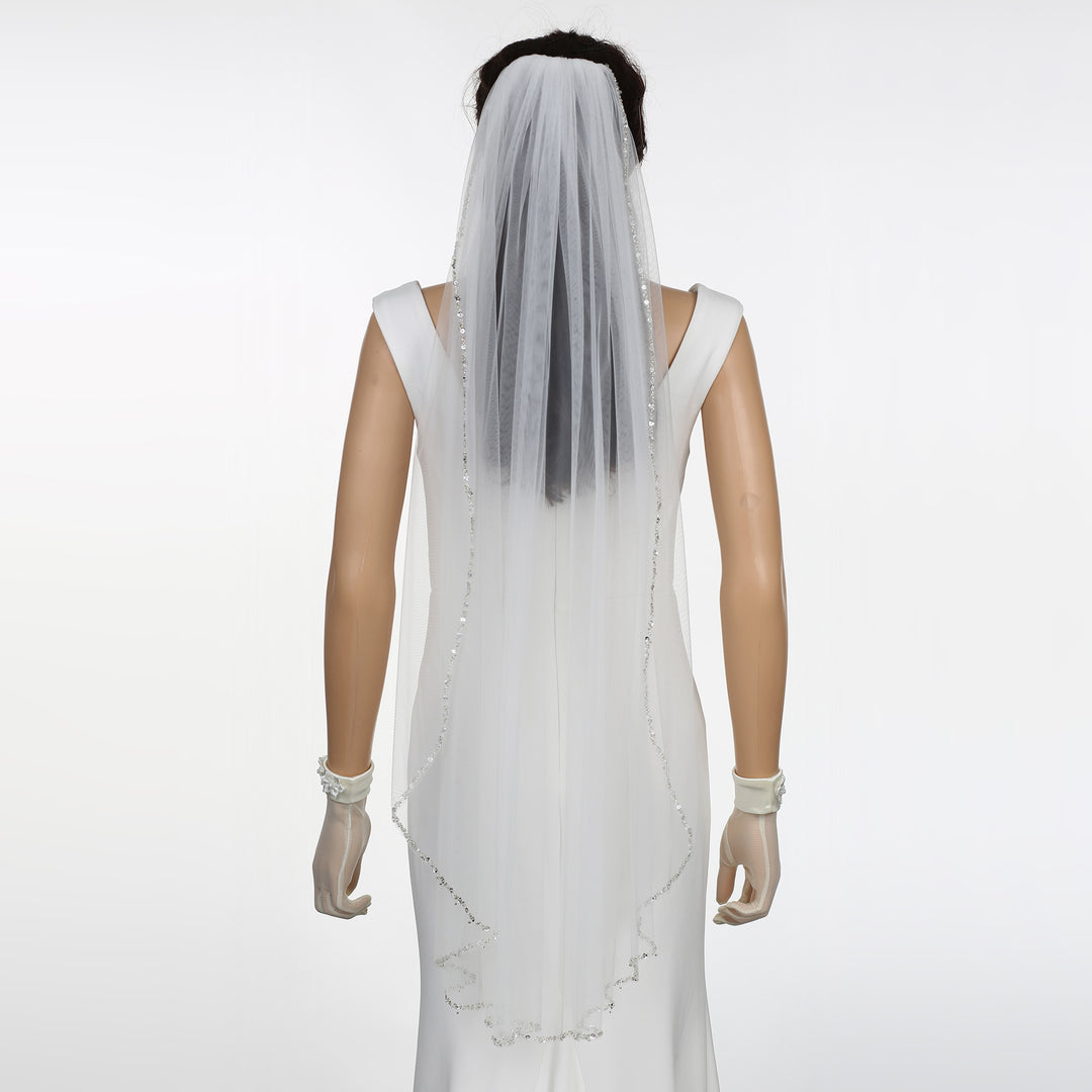 Crystal Beaded Edge Bridal Veil with Bicone Crystals, Soft Tulle, Fingertip Length FS6353
