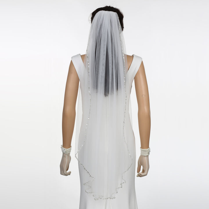 Crystal Beaded Edge Bridal Veil with Bicone Crystals, Soft Tulle, Fingertip Length FS6353