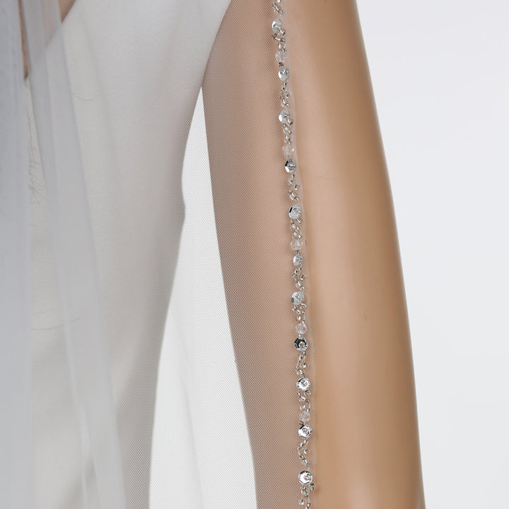 Crystal Beaded Edge Bridal Veil with Bicone Crystals, Soft Tulle, Fingertip Length FS6353
