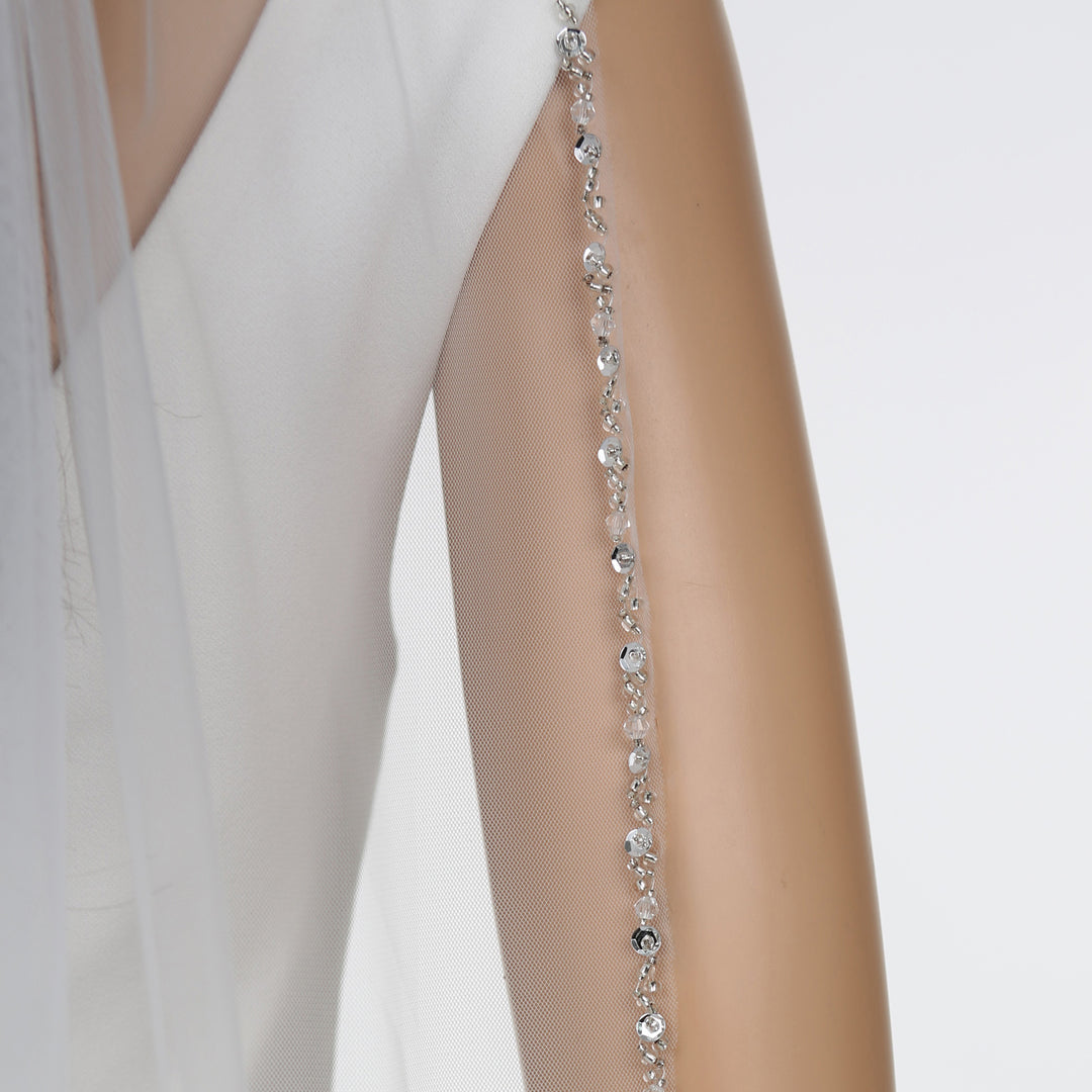 Crystal Beaded Edge Bridal Veil with Bicone Crystals, Soft Tulle, Fingertip Length FS6353