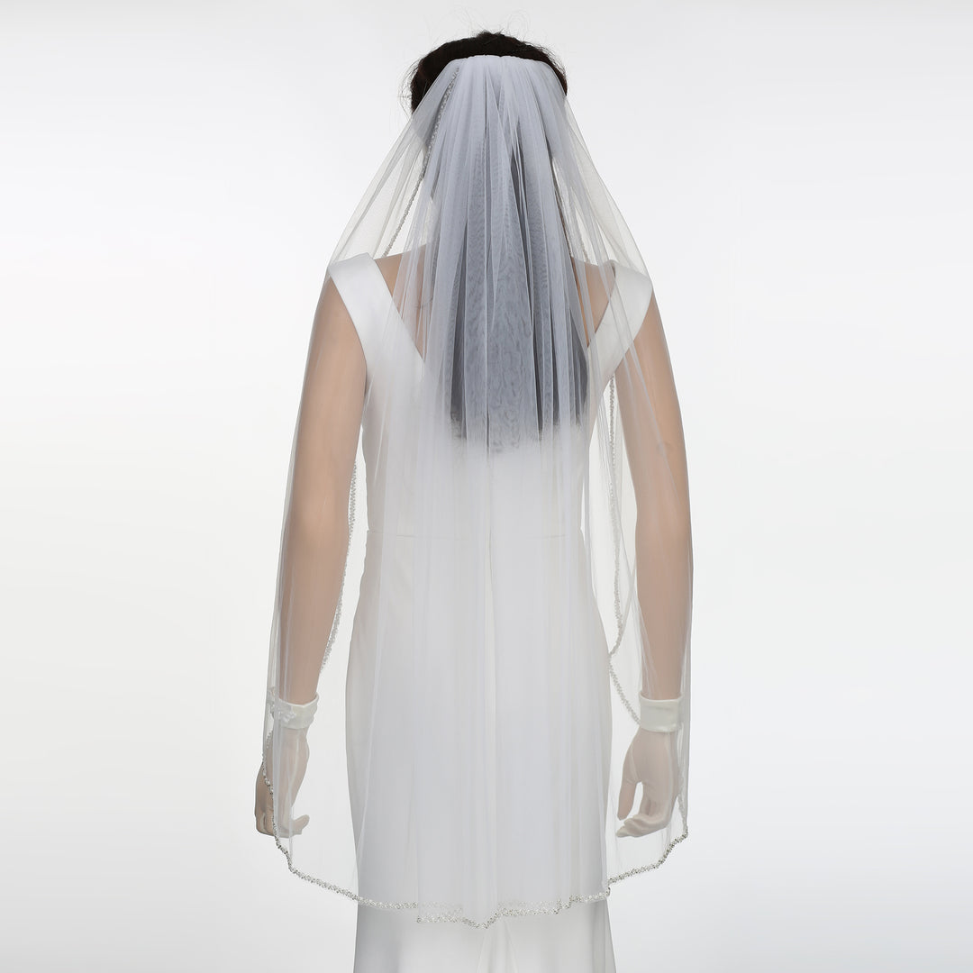 Crystal Beaded Edge Bridal Veil with Bicone Crystals, Soft Tulle, Fingertip Length FS6353